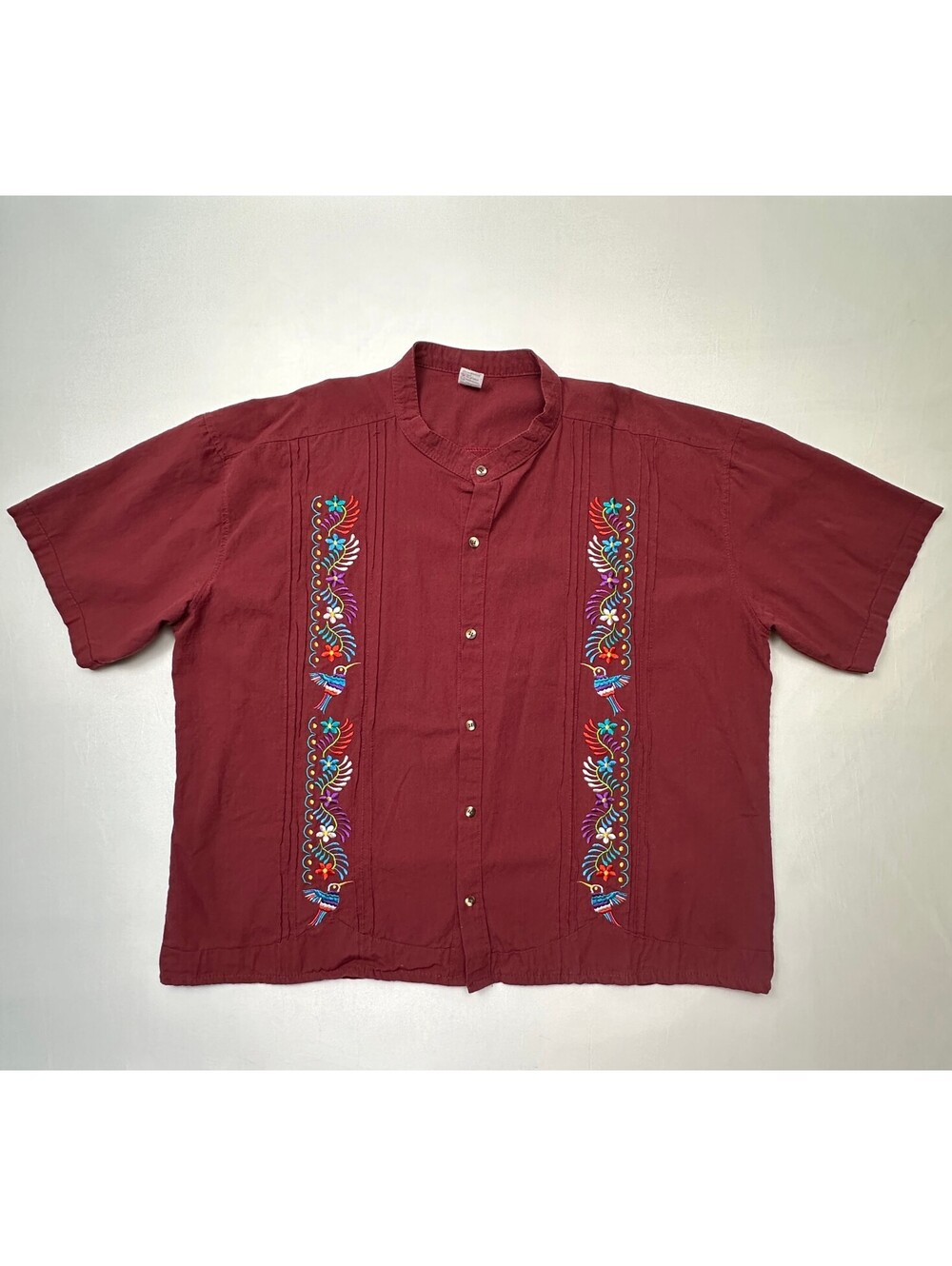 Men's Mexican Guayabera Burgundy Embroidered Shirt XL Birds